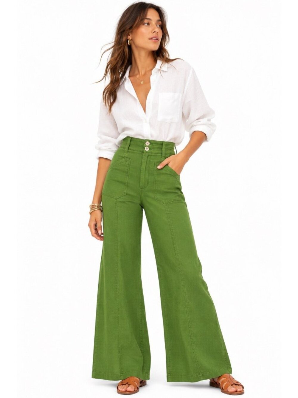 Anthropologie Maeve Naomi High Rise Wide Leg Trouser Pant green 14 linen blend